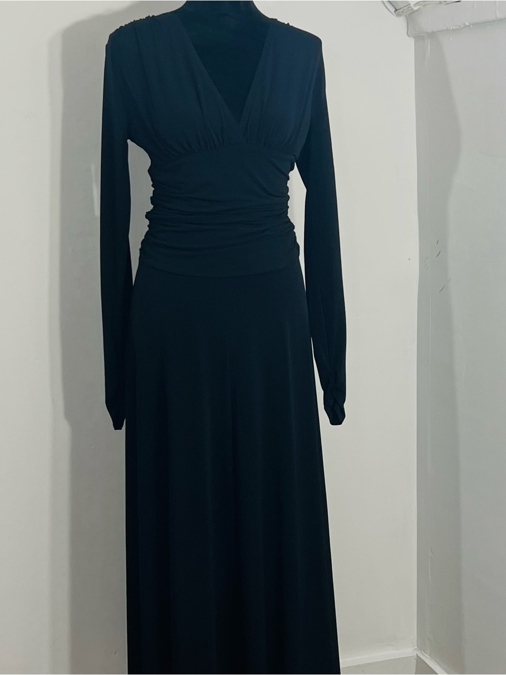 Shape FX V Neck Long Sleeve Ruched Maxi Slimming Body Hugging Sleek Silhouette